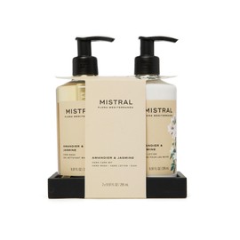 Flora Mediterranea Amandier & Jasmine Hand Care Duo Caddy Set, Hand Wash (9.97 fl oz) with Hand Lotion (9.97 fl oz) & Silicone Dish