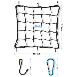 15" x15" Cargo Net, Stretches to 30"x30", Gear Helmet Luggage Thicken Netting with 3"x 3" Small Mesh & 6 Adjustable Metal Hooks and 6 Metal Carabiners for Motorcycle, Bike, ATV
