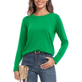 PRIMODA Women's Crew Neck Long Sleeve Shirts Basic Loose Fit Layering Cotton Blend St Patricks Day Kelly Green Tops S