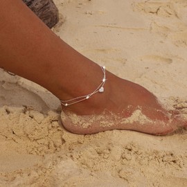 Moodear Silver B Initial Ankle Bracelets for Women - Waterproof Layered Sterling Silver Anklets Dainty Heart Charm Letter Anklet for Her