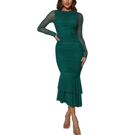 Atizon Elegant Ruched Bodycon Evening Dresses for Women Cocktail Party Formal Maxi Mermaid Dress Dark Green