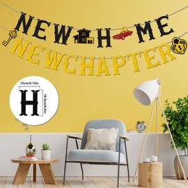 New Home New Chapter Banner, Black & Gold Glitter Housewarming Party Decorations Pre-String Our First Home Banner for Party Decoration