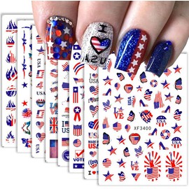 8Sheets 4th of July Nail Art Stickers Decals Red Blue White American Flag 3D Self-Adhesive Nail Decals Flame Butterfly Heart Designs Independence Day Nail Decorations DIY Nail Supplies for Women Kids