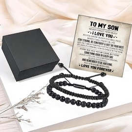 To My Son Bracelet, To My Son Bracelet From Dad Adjustable 6mm Onyx Lava Beads Black Obsidian Rope Bracelet For Him Men Husband Birthday Christmas Jewerly Gifts, Large, Stone, no gemstone