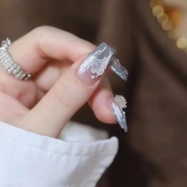 Domiya Nail Tip, 3D Nail, 24 Pieces, Short Nail Tip, Very Short, Popular, Nail Sticker, Cute, False Nail, Round Tip, Fashion, Nail, Wedding Nail Tip, Bride Nail (MJ-217)