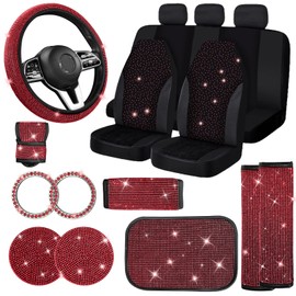 Jusen 17 Pack Bling Car Seat Covers Set Car Diamond Accessories Rhinestone Crystal Steering Wheel Cover, Bling Velvet Breathable (Red, Half Part Bling)