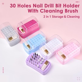 siyuwuro 2 in 1 Nail Drill Bit Holder & Nail Drill Bit Cleaner Brush Case 30 Holes Dustproof Nail Drill Bit Display Stand Organizer Box Manicure Drill Bits Cleaning Brush Bits Storage Tool, Rose Red