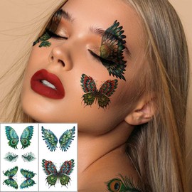 Coridy Glitter Butterfly Temporary Tattoos Colorful Eyes Face Stickers Feather Face Tattoos for Women Make up (Peacock)
