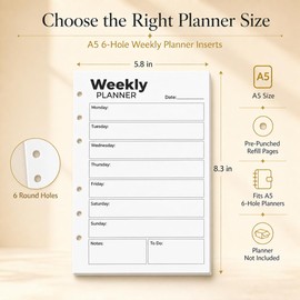 A5 Weekly Planner Inserts, Undated 6-Hole Refill Pages with Monday-Sunday Layout, Notes & To Do, 53 Double-Sided 100gsm Sheets, 5.8 x 8.3 in