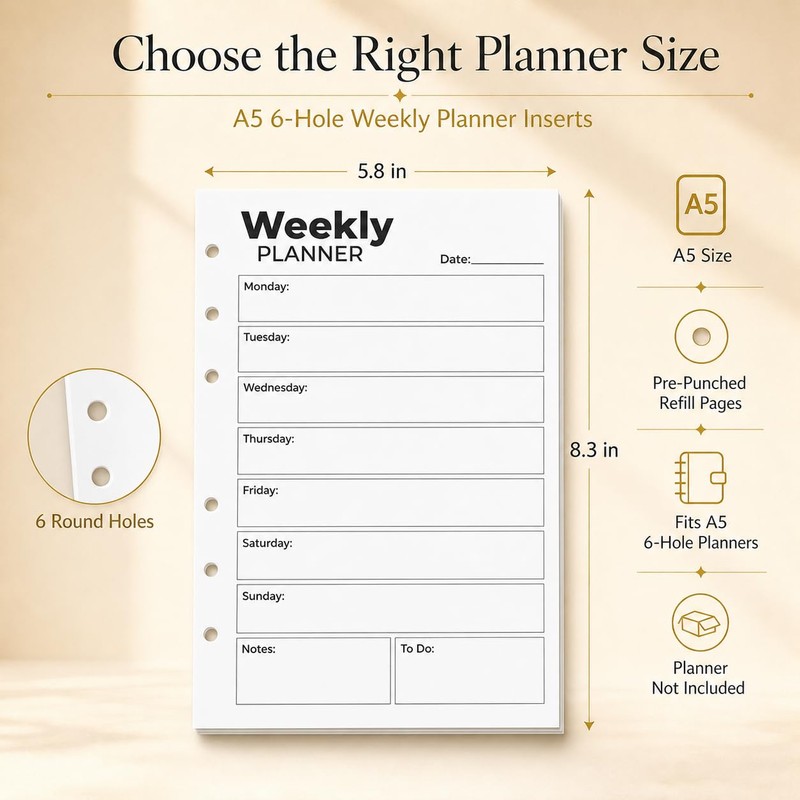 A5 Weekly Planner Inserts, Undated 6-Hole Refill Pages with Monday-Sunday