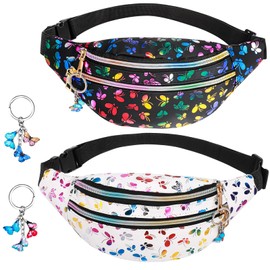 patinadrift Pack of 2 Bum Bag Girls Belt Bag Women Children Glitter Butterfly Print Fashion Bum Bag Adjustable Waist Bag with Butterfly Keyring for Hiking (White + Pink), black, white, Butterfly Print