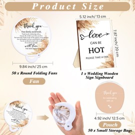 Wenqik 50 Pcs Wedding Fan for Guests and 1 Love is Hot Sign Wooden Wedding Table Sign Folding Hand Round Shaped Folding Fan with Plastic Handle and Storage Bag for Bridal Shower(Boho)