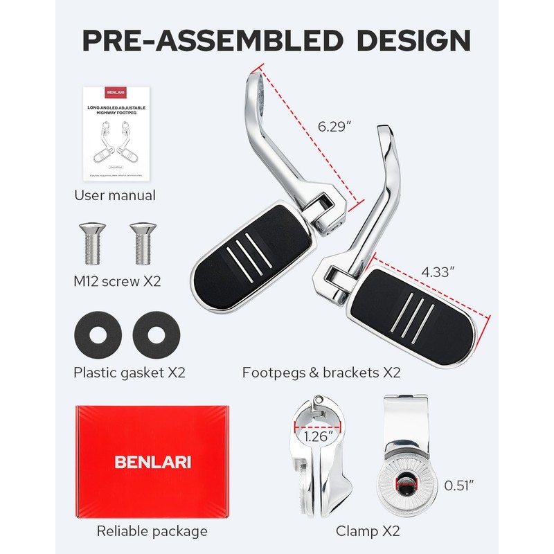 Benlari Highway Pegs, 1.25" Highway Foot Pegs Long Angled Stainless