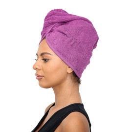 Sapphire Collection Hair Drying Towels, 100% Pure Terry Towel Cotton Soft Hair Towel Wrap Hair Twist Turban Towel Absorbent Hair Cap Head Wrap Spa Towels with Loop & Button for Long Hairs (Purple)