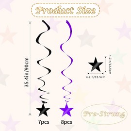 RIBBOOO 15 PCS Black Purple Star Hanging Swirl Reflective Paper Garland Glitter Garland Streamer for Graduation Wedding Baby Shower Birthday party Anniversary Christmas Helloween Decorations