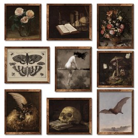 Whaline 9Pcs Dark Academia Wall Art Prints clásico Halloween decoración de pared Bruja en escoba Floral Skull Gótico decoración para el hogar Galería 