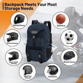 Oumurs Motorcycle Helmet Backpack 50L, Blue Water-resistant 1680D Oxford Fabric, Expandable, Motorbike Helmet Bag, Reflective, Helmet Strap, USB, Large Capacity, Long Distance Travel Backpack