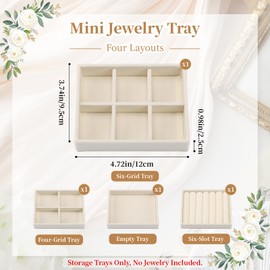 Ewen 4 Pack Mini Stackable Jewelry Display and Storage Trays in 4 Different Layouts, 4.72x3.74x0.98in Velvet Cases for Drawers Inserts, Storage and Organization Tray of Earring Necklace Rings, Beige