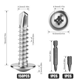 XRXYMQ 150 Pcs Self Tapping Screws M4.2 x 19 mm Self Drilling Screws for Metal Screw Stainless Steel 410 Tek Screw for Wood Plastics Aluminum Metalwork