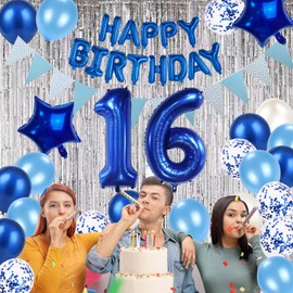 16th Birthday Decorations for Boys,Sweet 16 Birthday Decorations for Girls,Happy 16th Birthday Balloons Blue-40inch Number 16 Balloons,16inch Happy Birthday Balloons,Navy Blue White Balloons,Confetti Balloons,Silver Fringe Curtain,Star Balloons,Triangle 