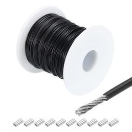 sourcing map 100Ft(30M) Wire Rope 304 Stainless Steel Cable 3/64"(1mm) Vinyl Coated with 10Pcs Aluminum Sleeves for Hanging, Clotheslines, Black