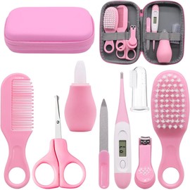 GUGU Baby 8 in 1 Baby Grooming Kit Newborn Baby Care, Blue or Pink, Baby Hair Nail Thermometer Care Set, Baby Healthcare Set for Infant, Toddler Girls & Boys Manicure Set (Pink)