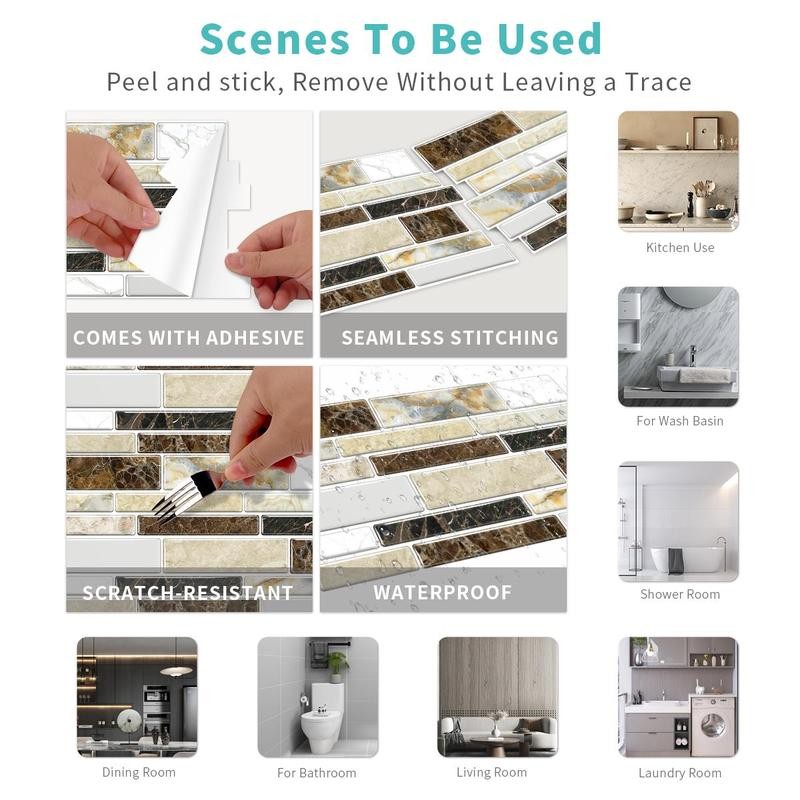 Marble Pattern Wall Sticker, 12/24/48pcs Self Adhesive Peel & Stick