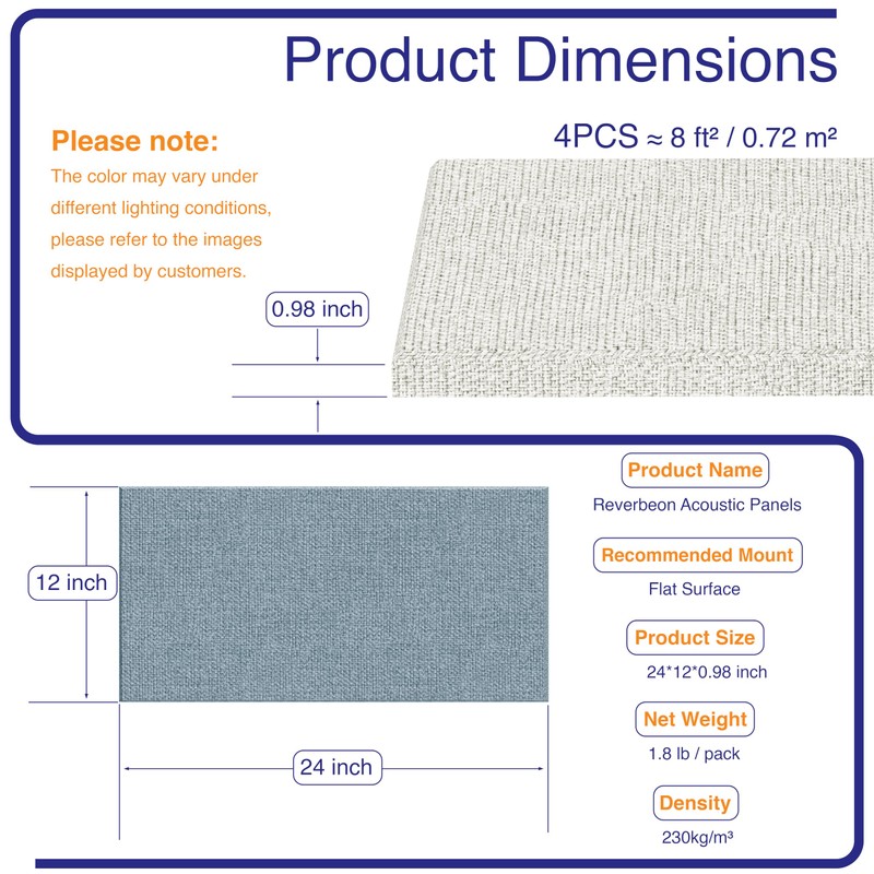 Reverbeon 4PCS Acoustic Panels, 24"x12" Fabric Acoustic Panels for Walls,