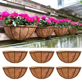 LaLaGreen Wall Hanging Planters for Plants (6 Pack, 12 Inch) Wall Mounted Flower Baskets with Coco Liner, Black Metal Iron Wire Plant Holder for Outdoor Fence Railing Outside Deck Porch Balcony Garden