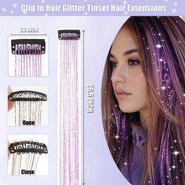 Hair Tinsel 12 Pcs Clip in Hair Tinsel Kit for Girls 20.5 Inch Glitter Shiny Sparkly Fairy Tinsel Hair Extensions Heat Resistant Party Festival Accessories for Women Kids (Purple)