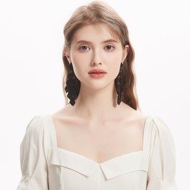 Kaseakia Arcylic Petal Chandelier Dangle Earrings for Women, Resin Flower Tassel Boho Bohemian Fashion Drop Earrings for Her (Black)