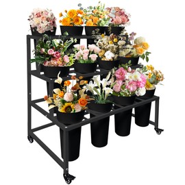 PROLEE Flower Stand with 12 Buckets, Flower Display Stand with Wheels, Flower Cart, Moving Florist Bouquet Shelf, Rectangular, White