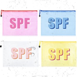Aileam 4PCS SPF Makeup Bag Clear Zippered SPF Bag Cosmetic Pouch Waterproof Travel Toiletry Organizer for Women Varsity Letter Patch Beach Pool Essentials