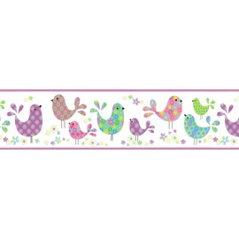 Dundee Deco BRAZBD6389 Prepasted Wallpaper Border - Kids Purple, Blue, Green, Pink Birds, Flowers Wall Border Retro Design, 15 ft x 6 in (4.57m x 15.24cm)