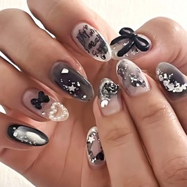 24 Pcs Heart Press On Nails Short Almond Fake Nails Black Gradient Pearl Heart Designs with Bow Charms Sequins Artificial Nails Star False Nails Reusable Glossy Full Cover Stick On Nails for Women