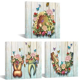 DuoBaorom 3 Pieces Dental Art Anatomy Human Teeth Flower Butterflies Picture Wall Art for Dental Clinic Dentistry Office Medical Decor Stretched Ready to Hang 12x12inchx3pcs