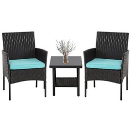 3 Piece Outdoor Furniture Set Patio Wicker Chairs Furniture Bistro Conversation Set 2 Rattan Chairs with Blue Cushions and Glass Coffee Table for Porch Lawn Garden Balcony Backyard