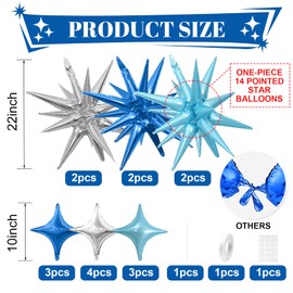 Blue Silver Star Balloons,Explosion Star Balloons Kit with 6Pcs 22Inch Cone Star Foil Balloons and 10Pcs 10Inch Four Pointed Star Balloons for Birthday Anniversary Disco Party Decorations