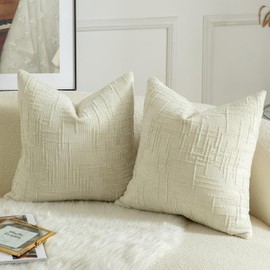 MANDIOO Pack of 2 Soft Chenille Textured Throw Pillow Covers Square Accent Solid Decorative Cushion Cover Cozy Farmhouse Pillow Case for Couch Sofa Bed Living Room 16x16Inch Cream White