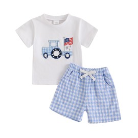 Socutebabe 4th Of July Baby Boy Girl Outfit Toddler Truck Flag T Shirt Top Shorts Fourth Of July Outfits Cute Summer Clothes (White, 6-12 Months)