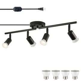 vivihobb Dimmable Plug in Track Light Black 4 Light Plug in Ceiling Lighting Fixture with 16.4' Long Cord,4 Way Ceiling Spotlight,Rotatable Wall Mount Light Head,LED dimmable Spot Bulbs Included