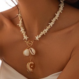 Yheahin Boho Layered Seashell Charm Necklace for Women Gold Beaded Pearl Starfish Pendant Choker Neck Chain Hawaii Beach Surfer Party Necklaces Accessories (Style C)