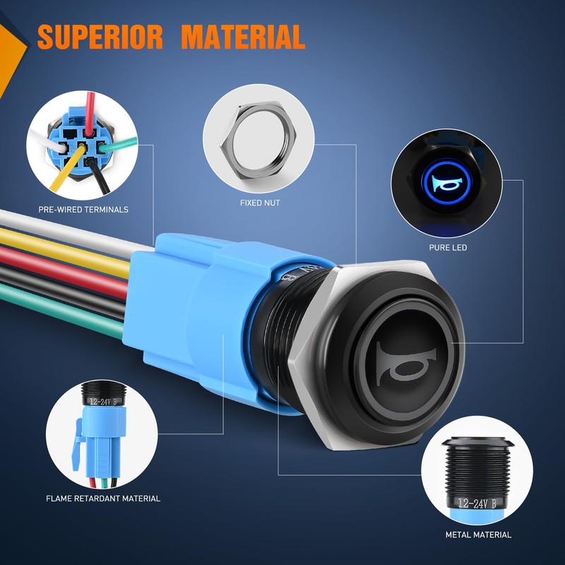 Nilight 16MM Raised Speaker Horn Momentary Push Button Switch 12V