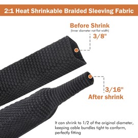 FOURUB 2:1 Ratio Flexibility Heat shrinkable Braided Sleeving Fabric High Temperature Wiring Cable Harness Abrasion Protector Sleeve (3/8"-15ft)