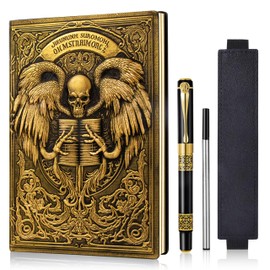 JiaoJiRen 3D Angel Skull Embossed Leather Notebook A5 Travel Journal with Black Ballpoint Pen & Pen Sleeve,Antique Handmade Daily Notepad Sketchbook for Men&Women