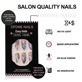 Feather Press on Nails Medium Almond OFDNE Blue Fake Nails False Nails with Designs Blue Rhinestones Floral Glossy Glue on Nails Stick on Nails Acrylic Nails for Women Girls 24 Pcs