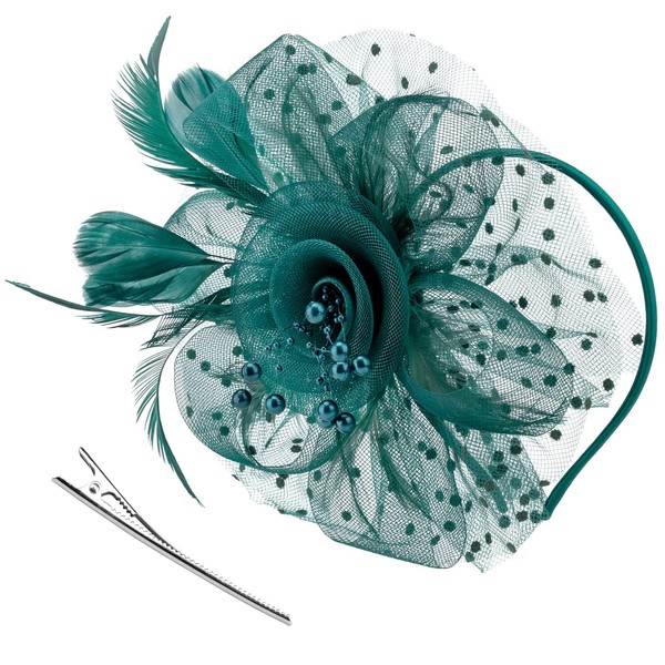 DRESHOW Fascinators Hat Flower Mesh Ribbons Feathers on a Headband