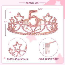 5th Birthday Sash and Tiara for Girls - Fabulous Glitter Sash + Stars Rhinestone Pink Premium Metal Tiara for Girls, 5th Birthday Gifts for Princess Party