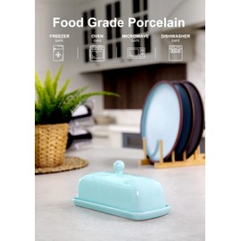 Nucookery Ceramic Butter Dish with Lid | Raised Legs and Non-Slip Strip Design | Porcelain Health | Dishwasher Safe, Lake Blue