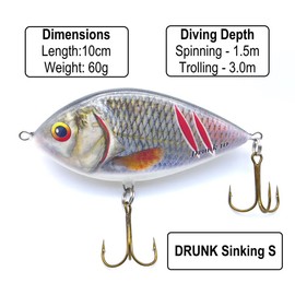 EVERBAY DORADO Wobbler Fishing Lure - Artificial Hard Crankbait - Fishing Tackle, Topwater Life-Like Swimbait for Perch Pike Zander Catfish Chub Barbel Trolling in Freshwater, Sinking - DRUNK 10cm S